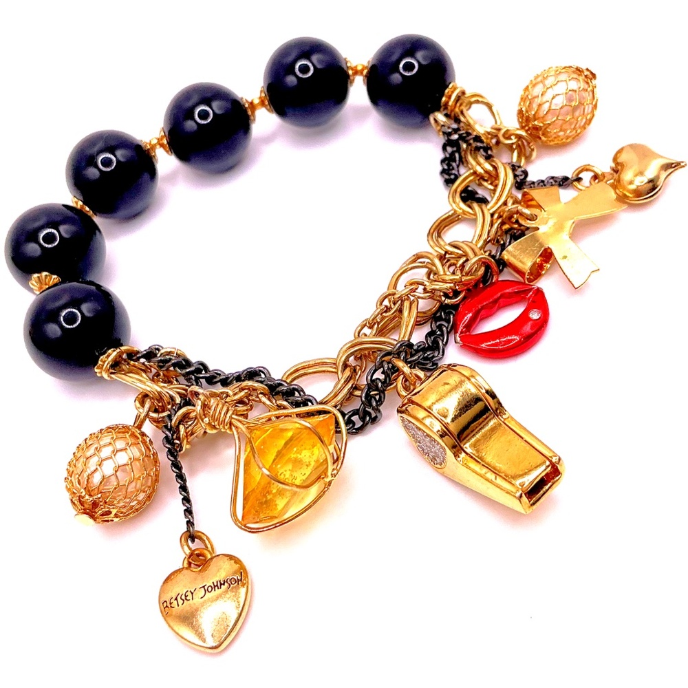 Vintage BETSEY JOHNSON Stretch Charm Bracelet Gold Black 7”
